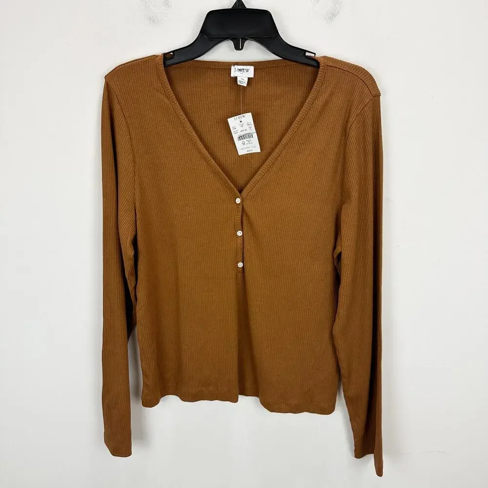 J.Crew Long Sleeve Button Henley Top Ribbed Stretch Jersey Mocha Latte XL NWT